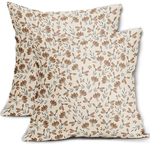 Aytipun Brown Grey Gray Floral Pillow Covers 18x18 Set of 2 Vintage Rustic Old Style Cute Small Flower Print Decorative Outdoor Pillowcases Farmhouse Throw Cushion Case Decor for Couch Sofa Bed - Image 1