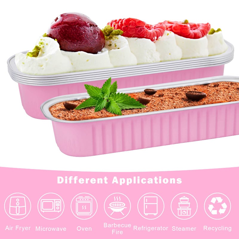 ylnurac 100Pack Pink Mini Cake Pans with Lids Mini Loaf Pans and Spoons and Stickers, 6.8Oz Aluminum Foil Pans Tins, Individual Dessert Cups Containers for Sales,Party,Picnic - Image 3
