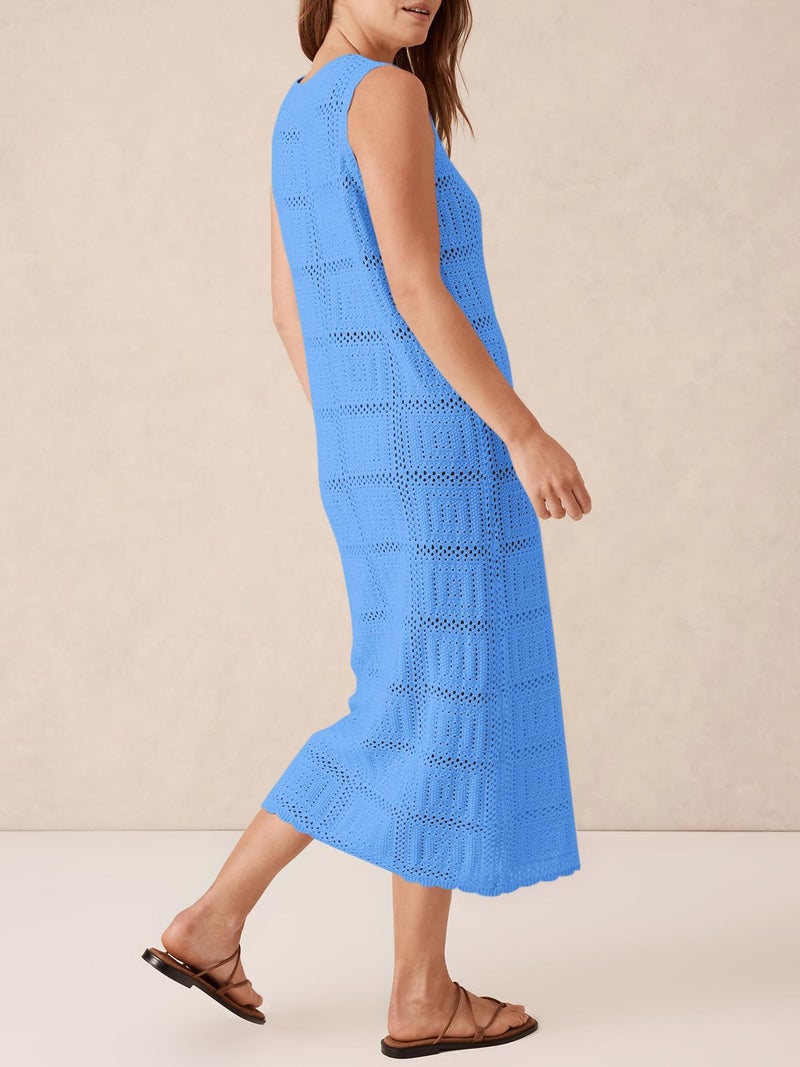 Fisoew Womens Crochet Sleeveless Dress Casual Summer V Neck Boho Knit Cover Up Beach Vacation Midi Tank Dresses Light Blue - Image 3