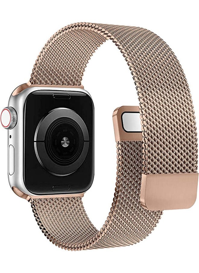 SHOPI - Milanese Loop Stainless Steel Strap With Magnetic Clasp For Apple Watch  42mm / 44mm / 45mm Apple Watch Strap For Apple Watch Series 7 / 6 / SE / 5 / 4 / 3 / 2 / 1 Gold - Image 1