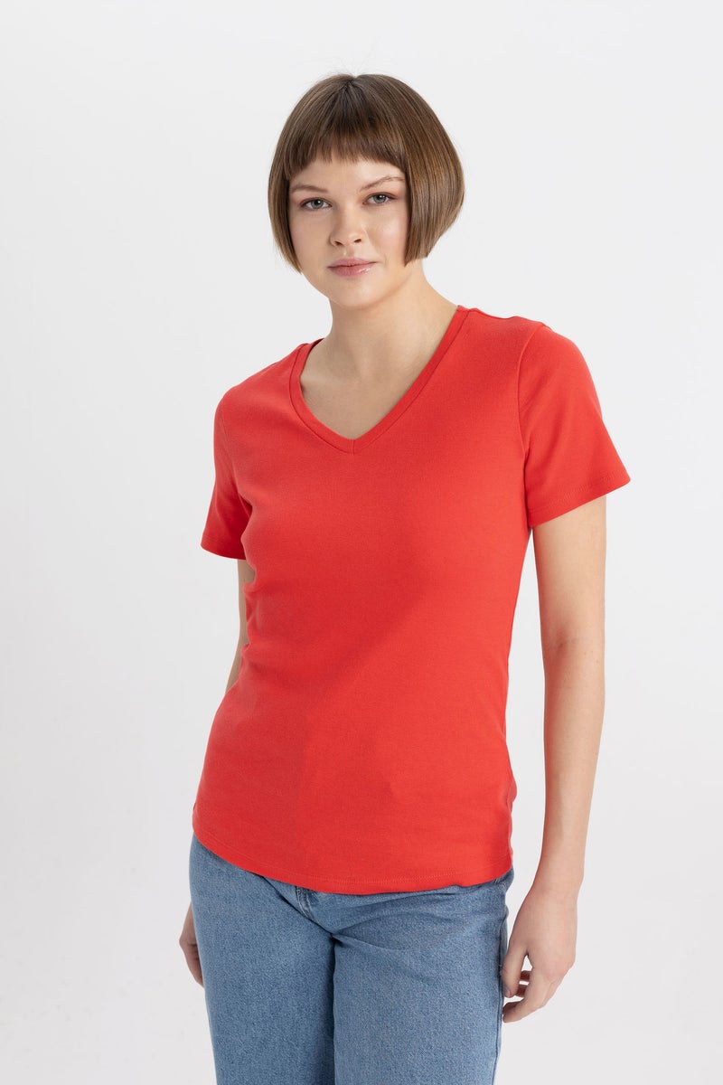 DeFacto Woman Slim Fit V Neck Ribbed Basic T-Shirt - Image 1