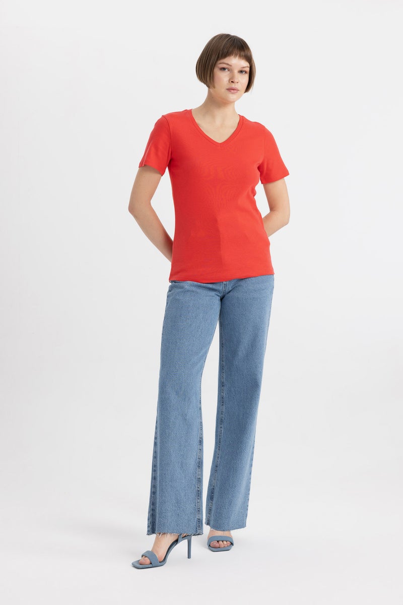 DeFacto Woman Slim Fit V Neck Ribbed Basic T-Shirt - Image 2