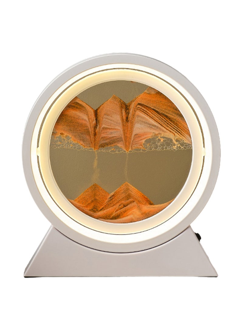 10-Inch Creative Flowing Sand Painting Table Lamp 360° Rotating Hourglass Deep Sea Sand Scene Quicksand Lamp Quicksand Lamp Sand Painting Liquid Motion Round Glass Painting Desktop Decoration Dry Battery Plug-In Model (White Frame, Orange Sand) - Image 1