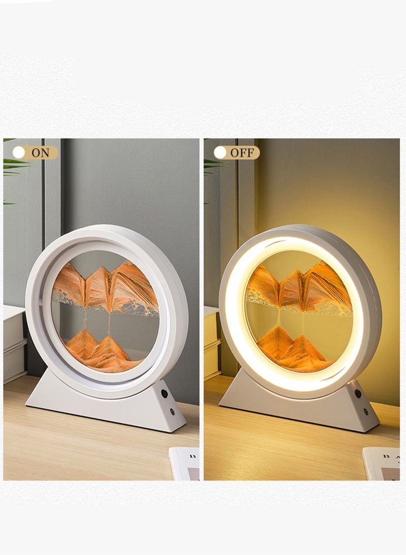 10-Inch Creative Flowing Sand Painting Table Lamp 360° Rotating Hourglass Deep Sea Sand Scene Quicksand Lamp Quicksand Lamp Sand Painting Liquid Motion Round Glass Painting Desktop Decoration Dry Battery Plug-In Model (White Frame, Orange Sand) - Image 2