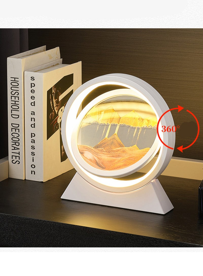 10-Inch Creative Flowing Sand Painting Table Lamp 360° Rotating Hourglass Deep Sea Sand Scene Quicksand Lamp Quicksand Lamp Sand Painting Liquid Motion Round Glass Painting Desktop Decoration Dry Battery Plug-In Model (White Frame, Orange Sand) - Image 5