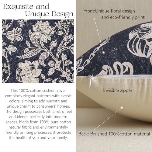MUSSEL Vintage Floral Pillow Covers 20x20：Navy Blue Throw Pillow Covers Decorative — Neutral Modern Farmhouse Boho Patterned Cotton Square Cushions Accent Covers Sofa Bed Living Room Pillowcases Pack of 2 - Image 4