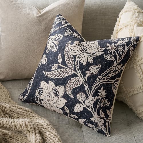 MUSSEL Vintage Floral Pillow Covers 20x20：Navy Blue Throw Pillow Covers Decorative — Neutral Modern Farmhouse Boho Patterned Cotton Square Cushions Accent Covers Sofa Bed Living Room Pillowcases Pack of 2 - Image 2
