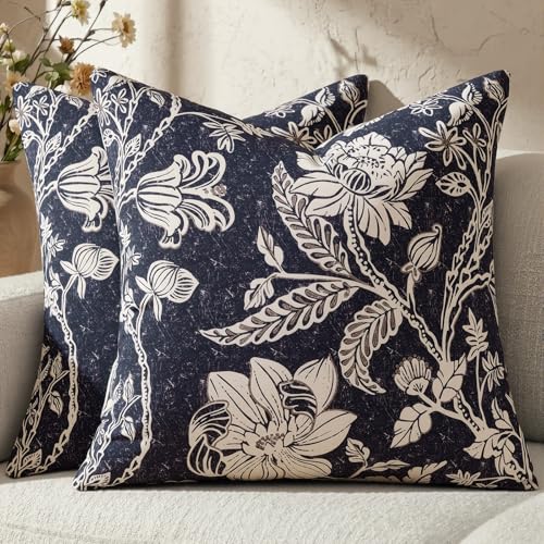 MUSSEL Vintage Floral Pillow Covers 20x20：Navy Blue Throw Pillow Covers Decorative — Neutral Modern Farmhouse Boho Patterned Cotton Square Cushions Accent Covers Sofa Bed Living Room Pillowcases Pack of 2 - Image 1
