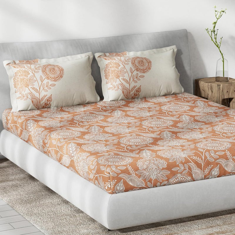 DDECOR Live beautiful DDECOR Live beautiful Cotton Ethnic 145 TC King Fitted Bedsheet with 2 Pillow Covers - Orange  - Image 2