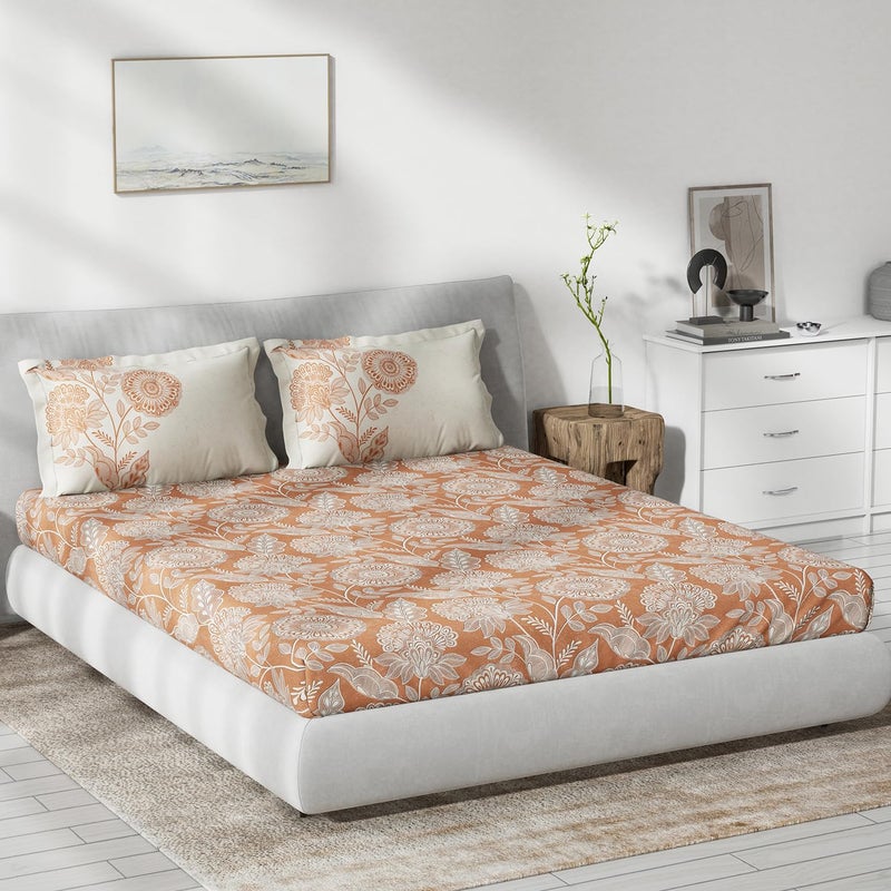 DDECOR Live beautiful DDECOR Live beautiful Cotton Ethnic 145 TC King Fitted Bedsheet with 2 Pillow Covers - Orange  - Image 1