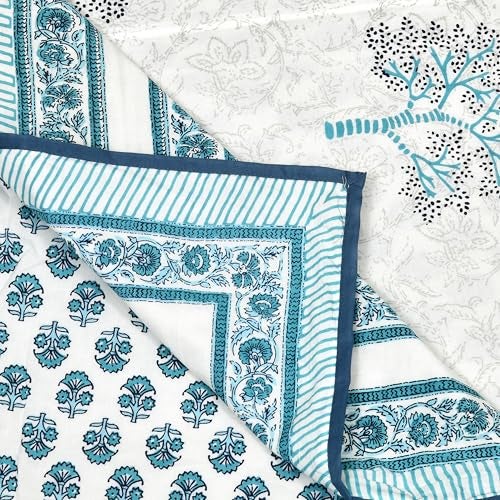 BLOCKS OF INDIA Hand Block Printed Cotton Single Size Reversible Malmal Dohar for Summer (Blue Tree)-300 TC - Image 4
