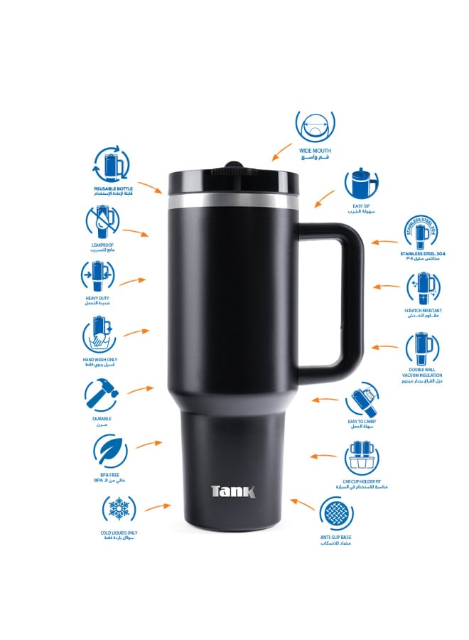 Tank Quencher, 1200ml, Black, Stainless Steel Bottle, insulated, Leakproof - Image 3