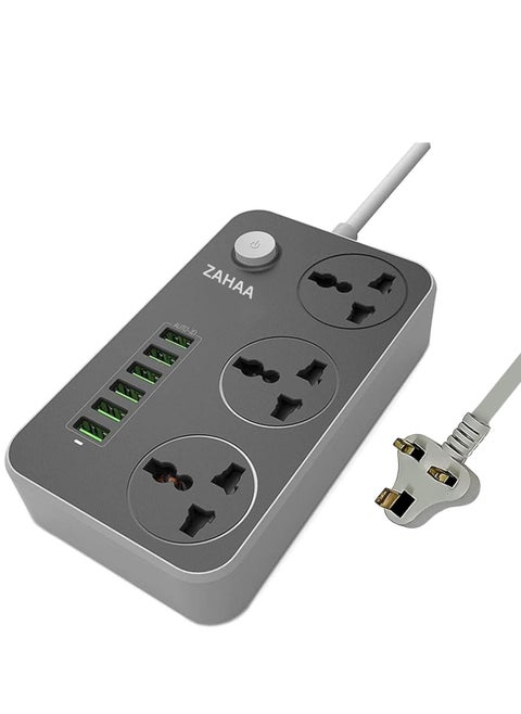 9 in 1 Universal Extension Cord with 3 Power Socket and 6 USB Slots, 3 Way Power Strip with 6 USB Charging slot, Extension Lead 2 meter -