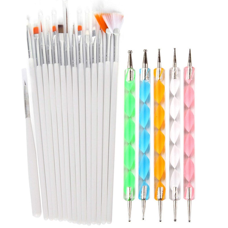 20pc Nail Art Painting Brush Pen Tools Kit UV Gel Building Drawing Linering Brushes Set Mandala Nail Dotting Pens White