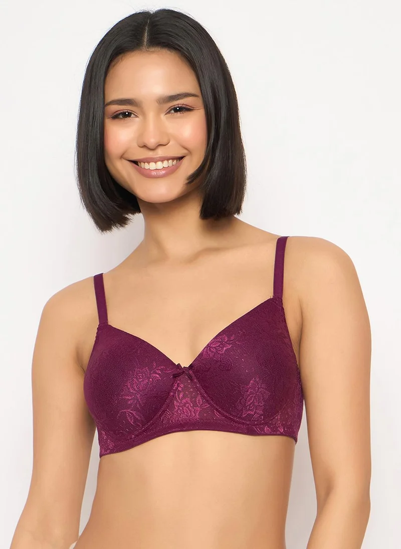 Clovia Clovia Lace Padded Non-Wired Full Coverage Bra in Purple