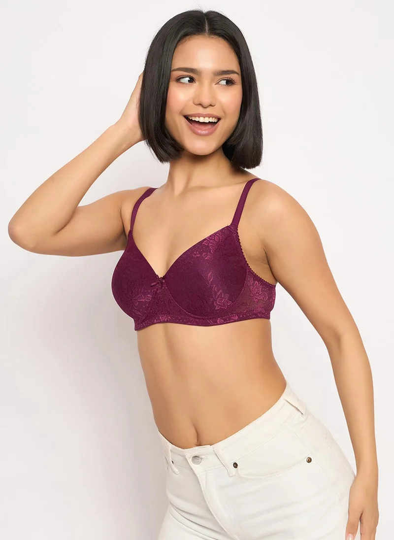 Clovia Clovia Lace Padded Non-Wired Full Coverage Bra in Purple