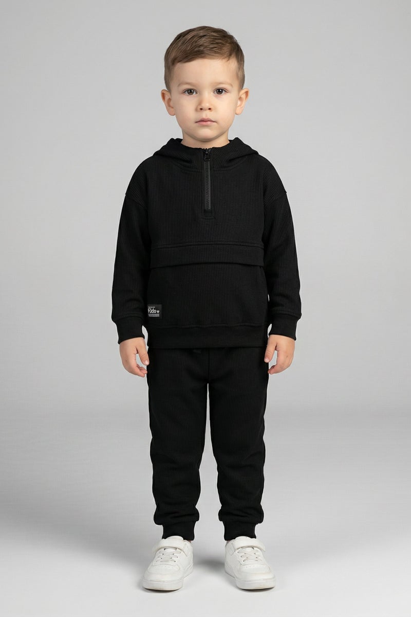 Fudo Toddlers Boy 2 Pieces Brand Logo Hoodie And Jogger, Black - Image 1