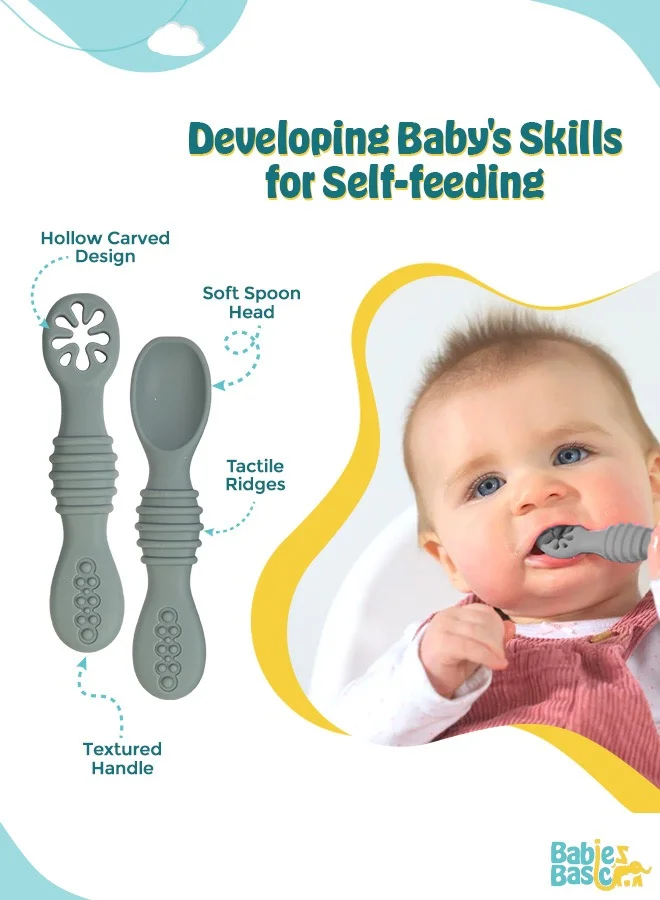 Babies Basic Soft Tip Bpa Free Silicone First Stage Training Spoon With Masher- Indigo