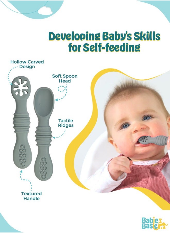 Babies Basic Soft Tip Bpa Free Silicone First Stage Training Spoon With Masher- Indigo  - Image 2