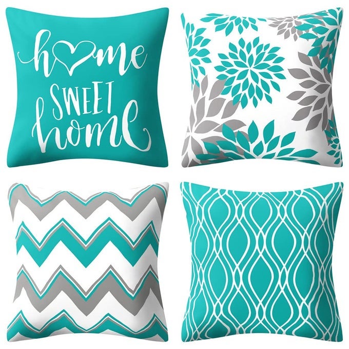 TEAL PILLOW COVERS 18X18 SET OF 4 TURQUOISE AND GREY BLUE GEOMETRIC DECORATIVE THROW PILLOW CUSHION COVERS FOR COUCH LIVING ROOM BED OUTDOOR PATIO FURNITURE INDOORS HOME DECOR