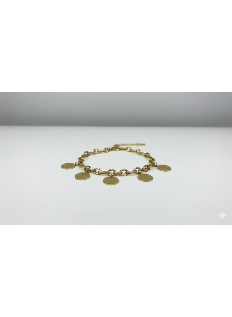Elegant Gold-Tone Stainless Steel Bracelet with Dangling Circular Coins - Image 2