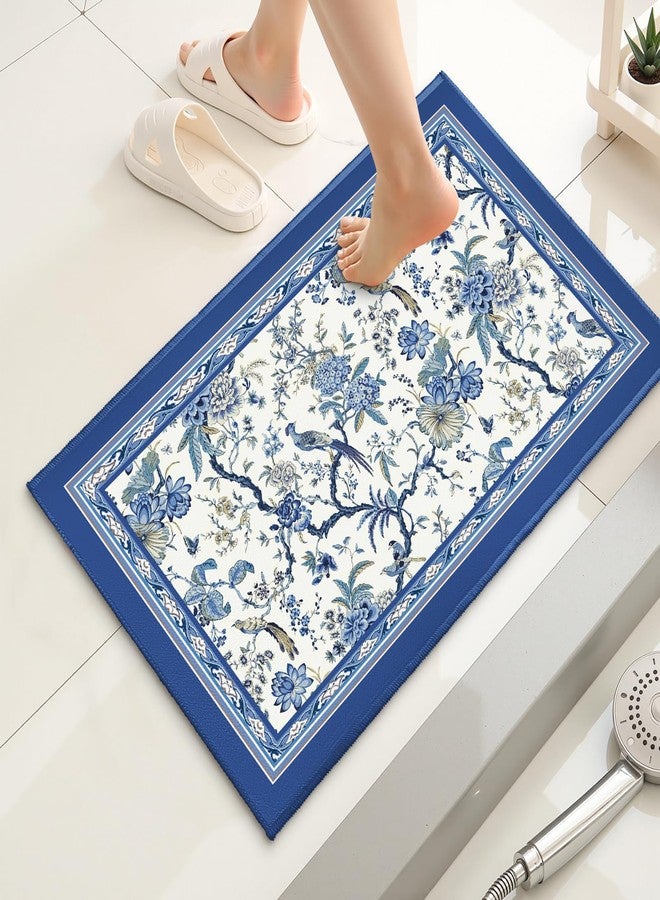Evlaschin Chinoiserie Bath Rug 32x20 Inch, Blue White Birds Floral Bathroom Mats, Porcelain Oriental Flower Non-Slip Absorbent Bathroom Rugs for Bedroom Shower Room Bathtub Bedside Sink - Image 2