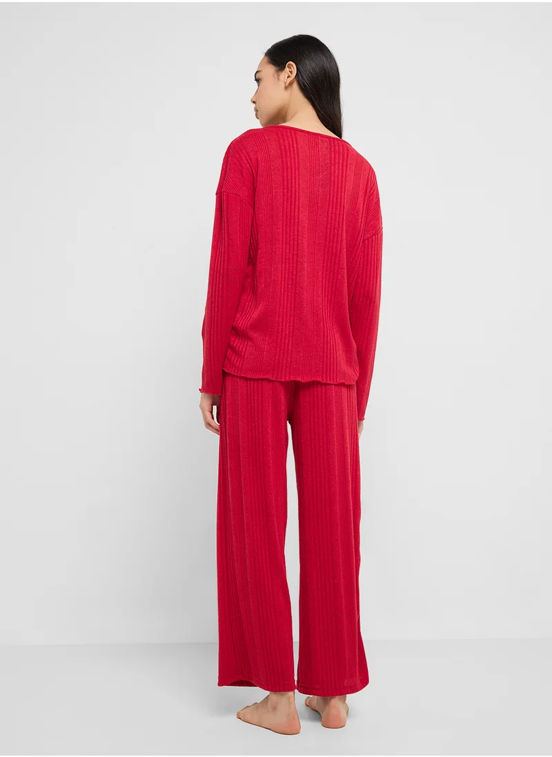 Ginger Cozy Ribbed Top & Pyjama Lounge Set