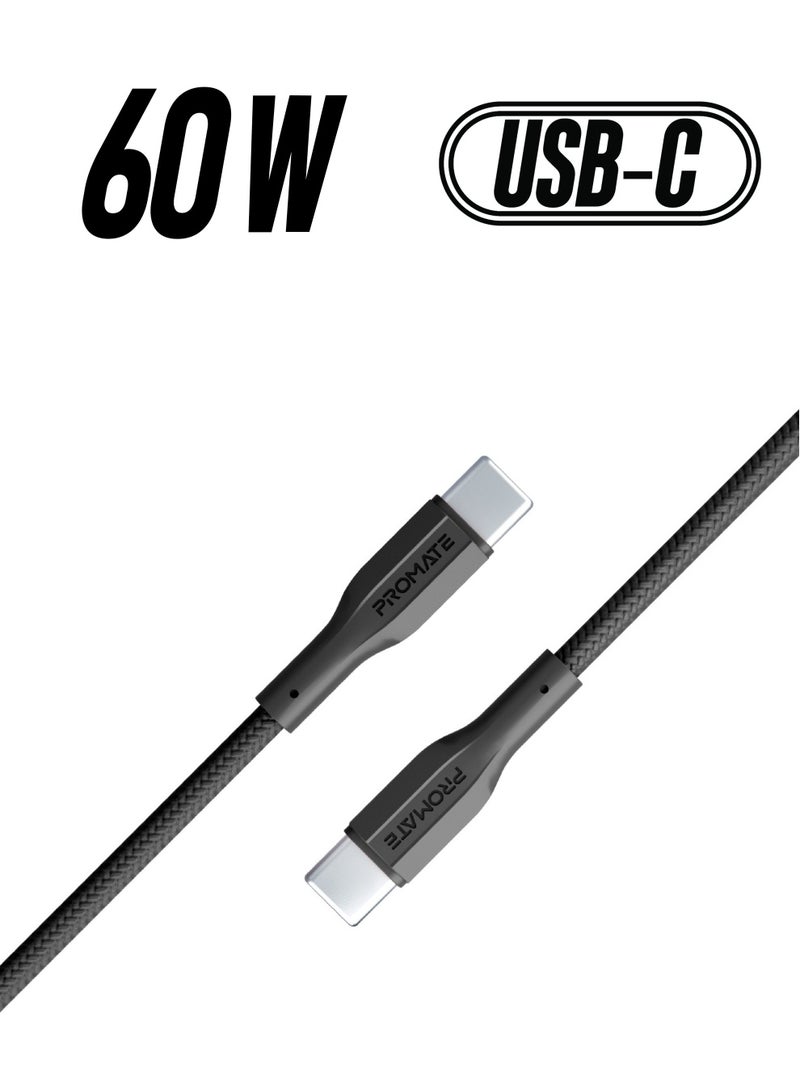 PROMATE USB-C™ Cable 200 cm, Ultra-Fast 60W Power Delivery Type-C™ Charging Cable with 480Mbps Sync Charge, Silicone and Anti-Tangle Wire for USB-C™ Smartphones, Tablets, Laptops, XCord-CC Black - Image 1