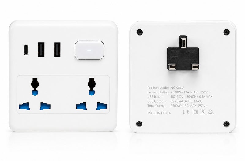 مقبس طاقة صغير الحجم مع امتداد متعدد المقابس ومنفذي شحن سريعين USB + منفذ شحن من النوع C - موزع طاقة ذكي محمول للمنزل والمكتب والسفر - Image 1