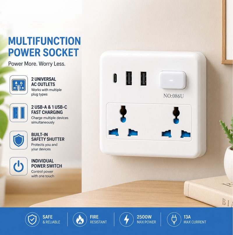 مقبس طاقة صغير الحجم مع امتداد متعدد المقابس ومنفذي شحن سريعين USB + منفذ شحن من النوع C - موزع طاقة ذكي محمول للمنزل والمكتب والسفر - Image 2