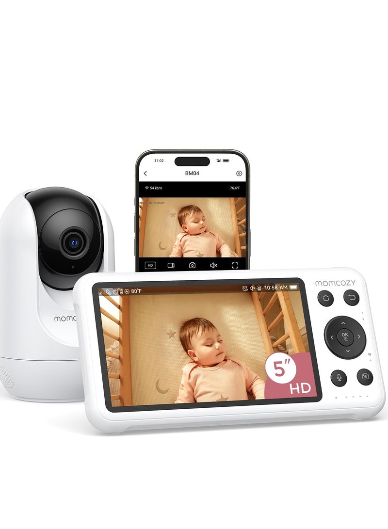 Momcozy مراقب الأطفال الذكي بتقنية الواي فاي مع كاميرا وصوت، شاشة 5 بوصة بدقة 1080P مع حامل جداري، كشف الحركة والبكاء، سياج آمن، رؤية ليلية واضحة، بطارية 5000 مللي أمبير، محادثة ثنائية الاتجاه، تسجيل الصور والفيديو - Image 1