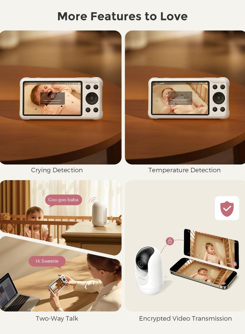 Momcozy مراقب الأطفال الذكي بتقنية الواي فاي مع كاميرا وصوت، شاشة 5 بوصة بدقة 1080P مع حامل جداري، كشف الحركة والبكاء، سياج آمن، رؤية ليلية واضحة، بطارية 5000 مللي أمبير، محادثة ثنائية الاتجاه، تسجيل الصور والفيديو - Image 3