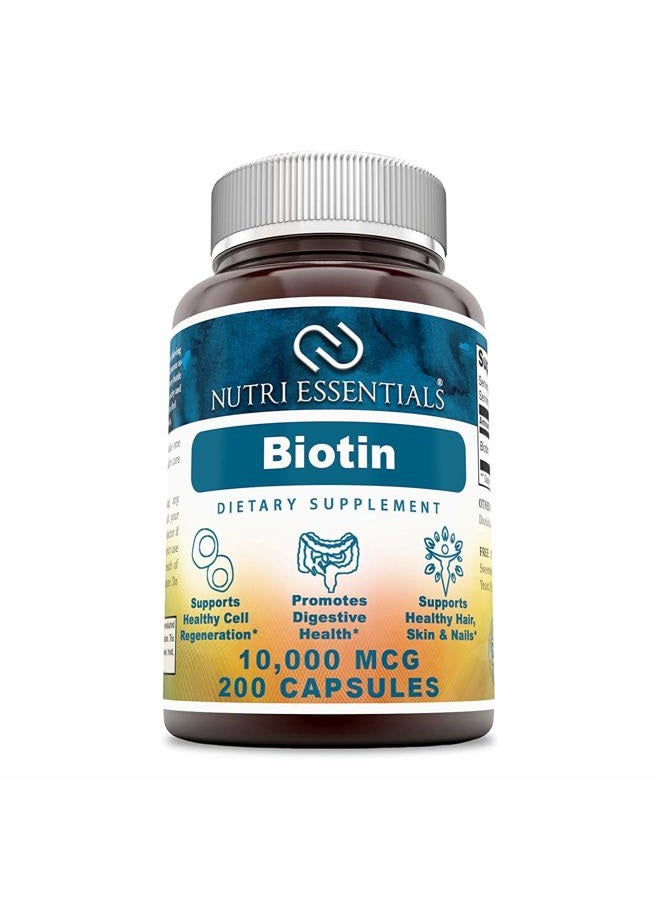 Nutri Essentials Biotin 10,000 Mcg 200 Capsules (Non-GMO)- Supports Healthy Hair, Skin & Nails - Promotes Cell Rejuvenation and Energy Production* - Image 1
