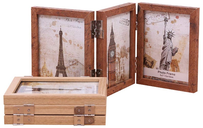 Collage Picture Photo Frames  35x5 Triple Hinged 3 Desk Picture Frame Wooden Desk Tabletop Family Photo Frame with Glass Opening Decorative Folding Trifold Picture Frame Stand Vertical Brown