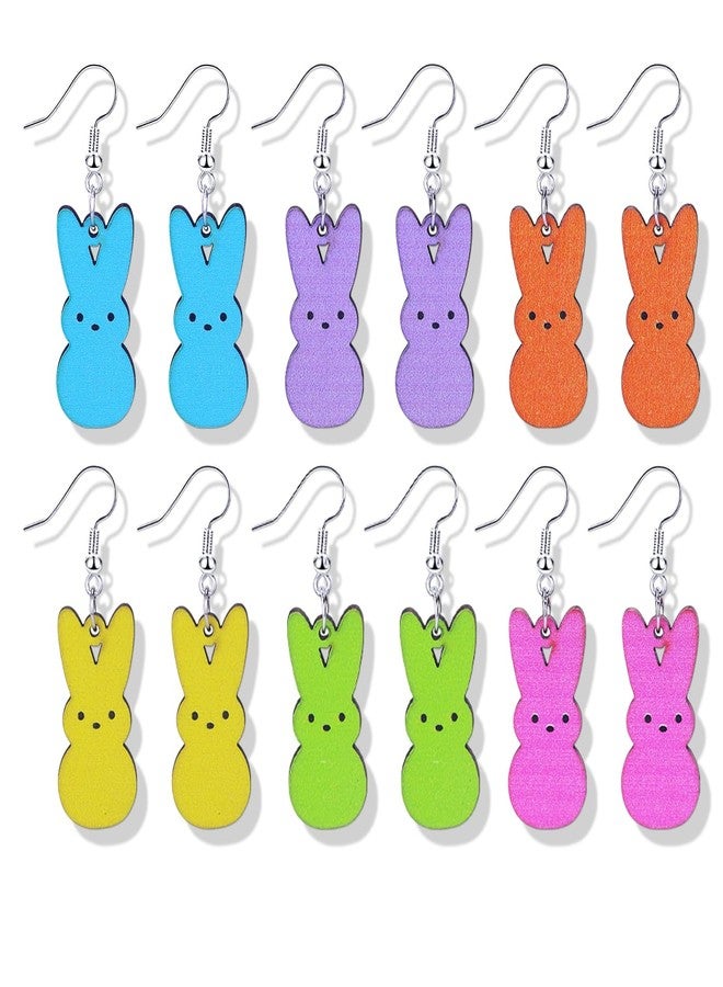 Xeyau 6PC Easter Peeps Bunny Earring Set Easter Basket Stuffers Sparking Rabbit Dangle Earrings Colorful Wooden Rabbit Earrings Bulk Cute Earring for Women Jewelry Accessorie (Colorful-A) - Image 1