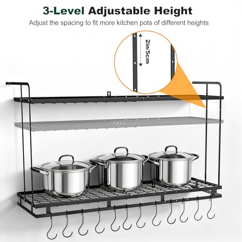 Housolution Pot Rack Wall Mounted, 22''-30'' Length Expandable, 3 Level Height Adjustable, 2 Tier Heavy Duty Hanging Cookware Pan Organizer with 12 Hooks and 8 Lid Holders - Image 4