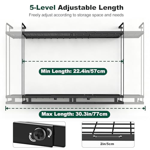 Housolution Pot Rack Wall Mounted, 22''-30'' Length Expandable, 3 Level Height Adjustable, 2 Tier Heavy Duty Hanging Cookware Pan Organizer with 12 Hooks and 8 Lid Holders - Image 3