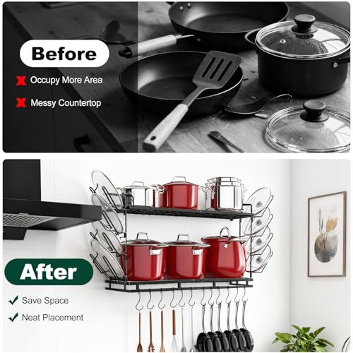 Housolution Pot Rack Wall Mounted, 22''-30'' Length Expandable, 3 Level Height Adjustable, 2 Tier Heavy Duty Hanging Cookware Pan Organizer with 12 Hooks and 8 Lid Holders - Image 5
