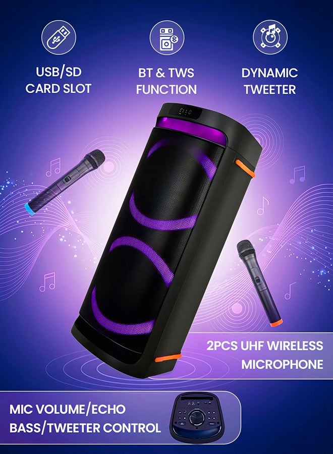 SONASHI Dual 6.5” Rechargeable Bluetooth Speaker 40W, 2 Wireless UHF Microphones, LED Disco Light, Karaoke, FM Radio, USB/SD, TWS SPS-8020R - Image 2