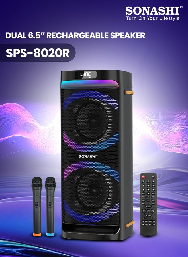 SONASHI Dual 6.5” Rechargeable Bluetooth Speaker 40W, 2 Wireless UHF Microphones, LED Disco Light, Karaoke, FM Radio, USB/SD, TWS SPS-8020R - Image 1