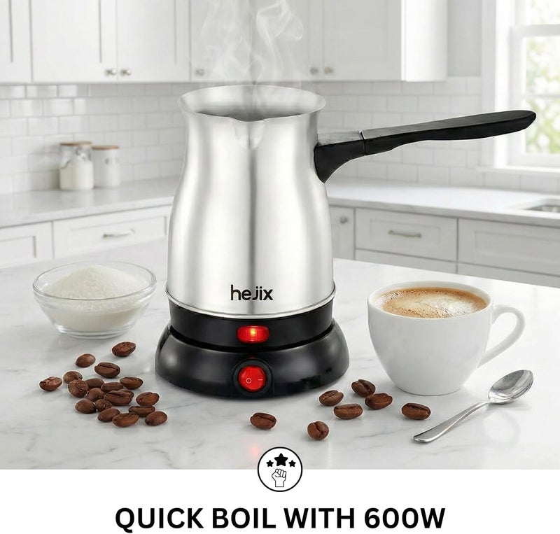 HEJIX Turkish Coffee Maker, 0.5L, 600W, Stainless Steel Body, 360° Rotating Base, Concealed Heating Element, Portable Electric Kettle, Fast Boil Electric Kettle with Indicator Light – HX404 - Image 3