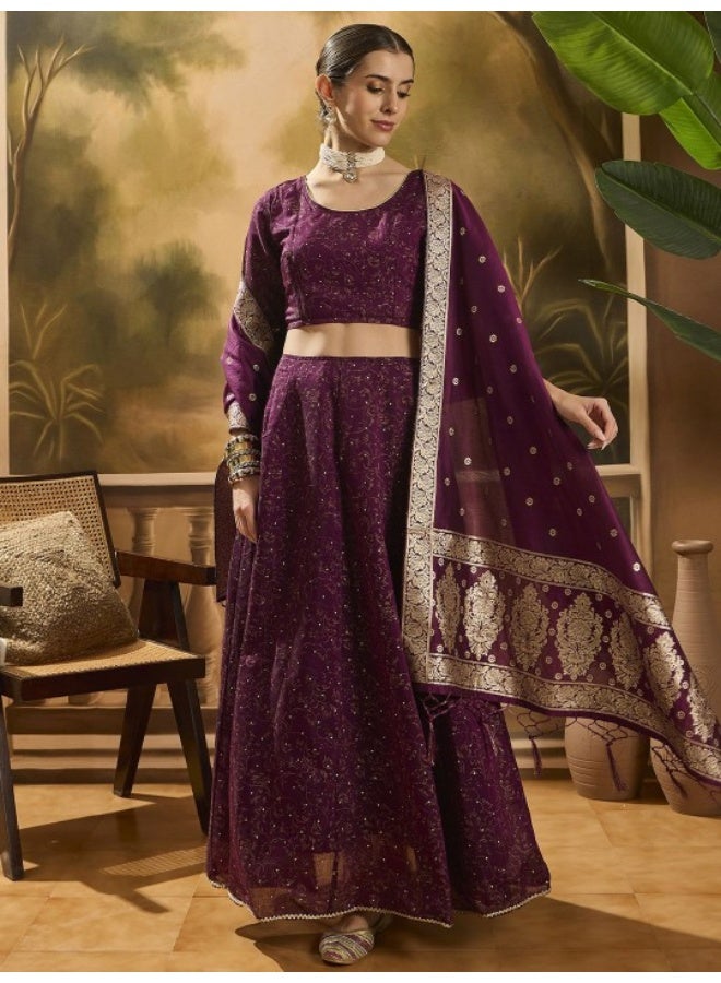 AKS Violet Color Chanderi Lehenga Choli With Gold print - Image 2