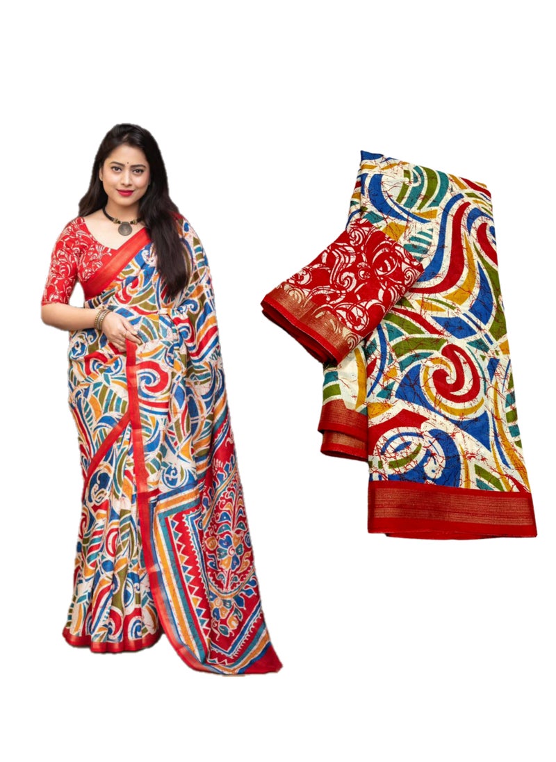 Grab Mantra - Soft Cotton Crape Silk Red Base Multicolour Batik Style Print  Saree With Unstitched Printed Blouse - Image 1