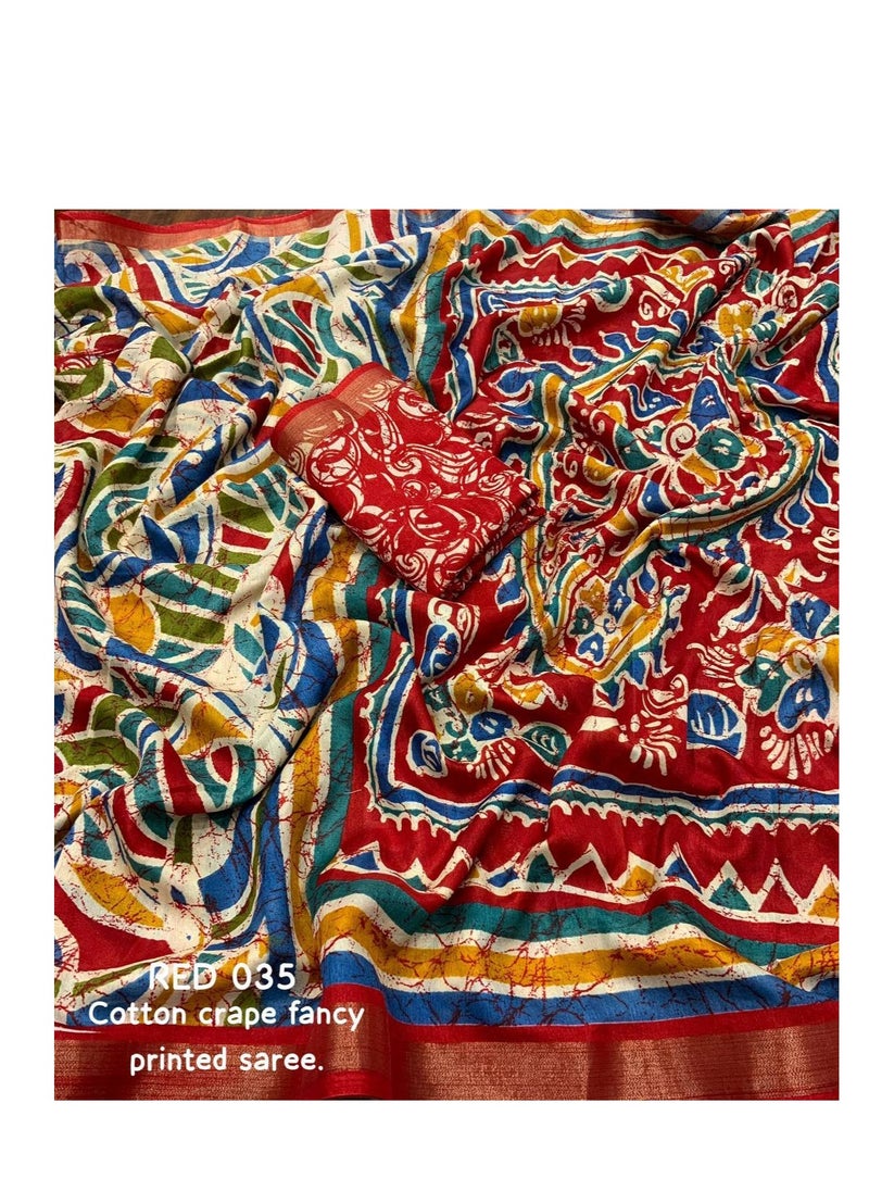 Grab Mantra - Soft Cotton Crape Silk Red Base Multicolour Batik Style Print  Saree With Unstitched Printed Blouse - Image 1