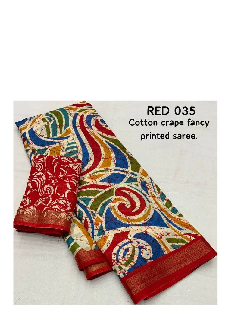 Grab Mantra - Soft Cotton Crape Silk Red Base Multicolour Batik Style Print  Saree With Unstitched Printed Blouse - Image 1