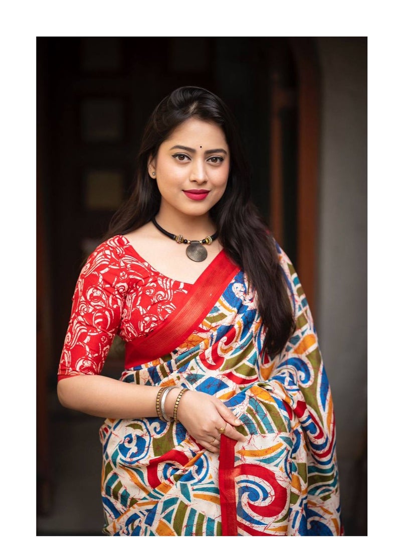 Grab Mantra - Soft Cotton Crape Silk Red Base Multicolour Batik Style Print  Saree With Unstitched Printed Blouse - Image 1