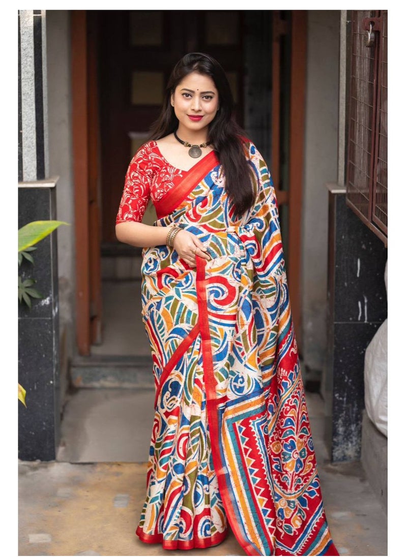 Grab Mantra - Soft Cotton Crape Silk Red Base Multicolour Batik Style Print  Saree With Unstitched Printed Blouse - Image 1