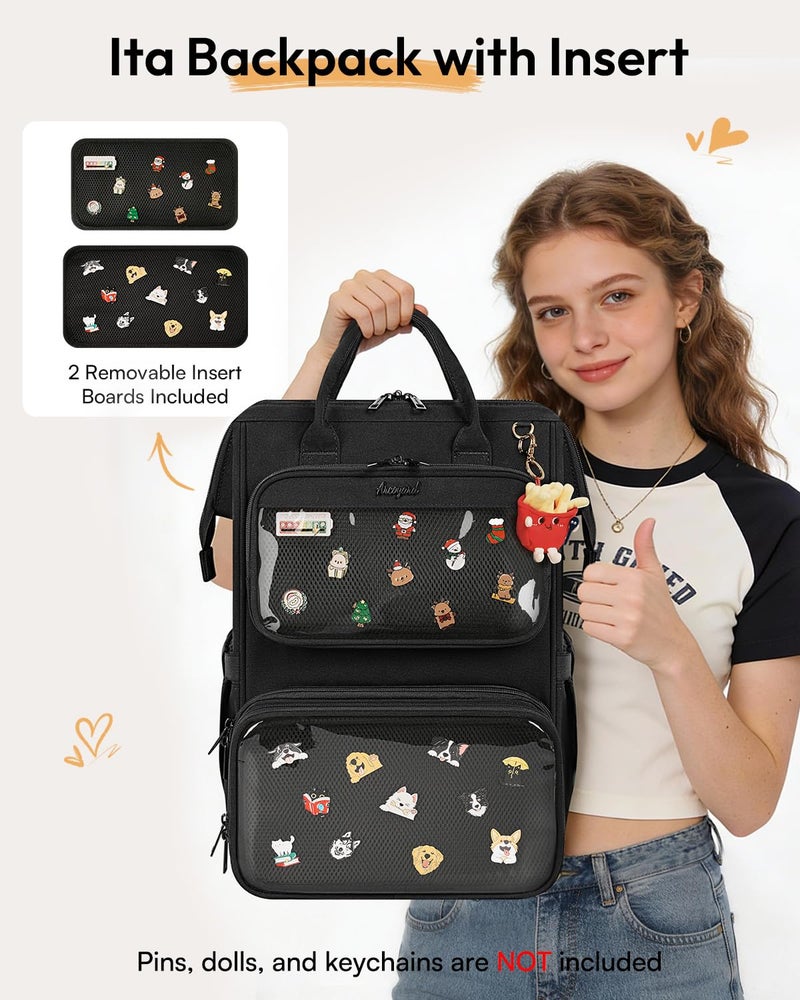 Arcoyard Ita Backpack with Lunch Compartment, Ita Bag Pin Display Lunchbox Back Pack with Insert, 15.6 Inch Laptop College Backpack for School, Travel Bookbag with Lunch Box for Commute Cosplay Concert, Black - Image 2