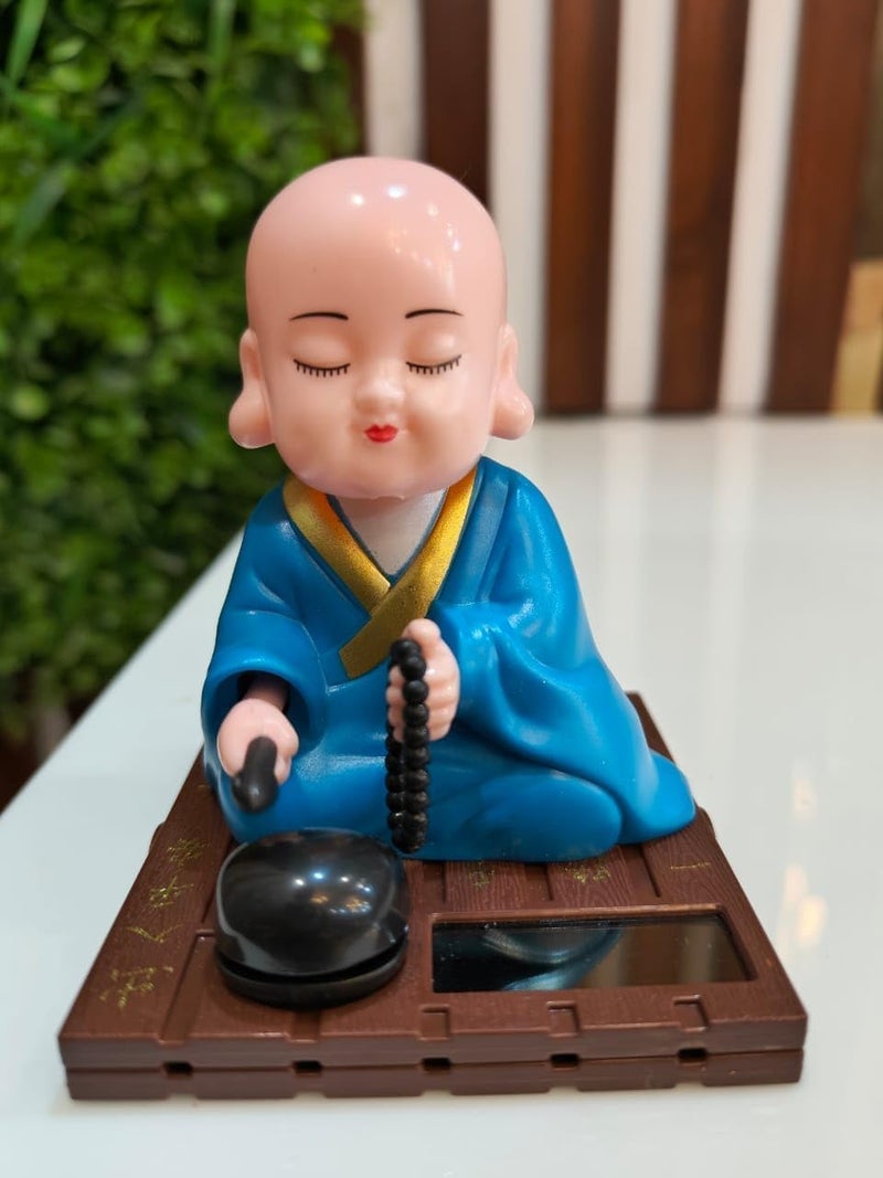 ROSEFAIR Little Monk Figurine Solar Head Toy Funny Car Shaking Head Toy Chinese Little Buddha Statue Car Dashboard Ornament 1 Pack Blue - Image 1