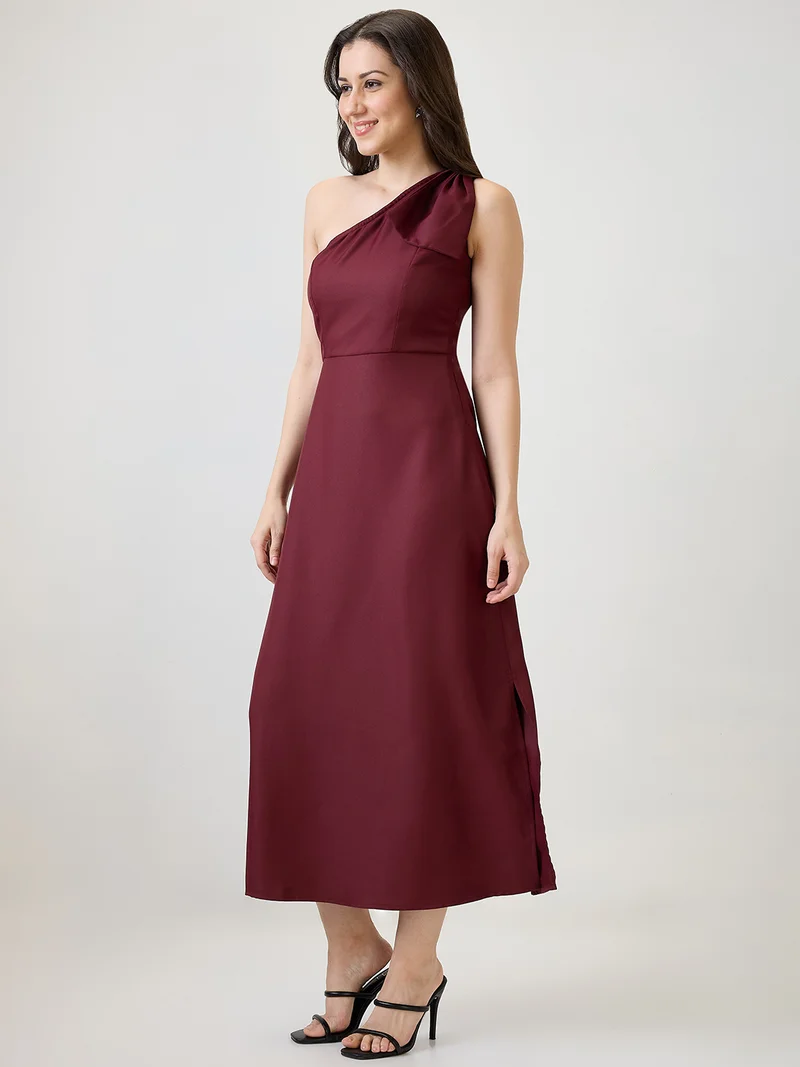 globus Globus Women Maroon One Shoulder Bow Detail Side Slit A-Line Maxi Party Dress